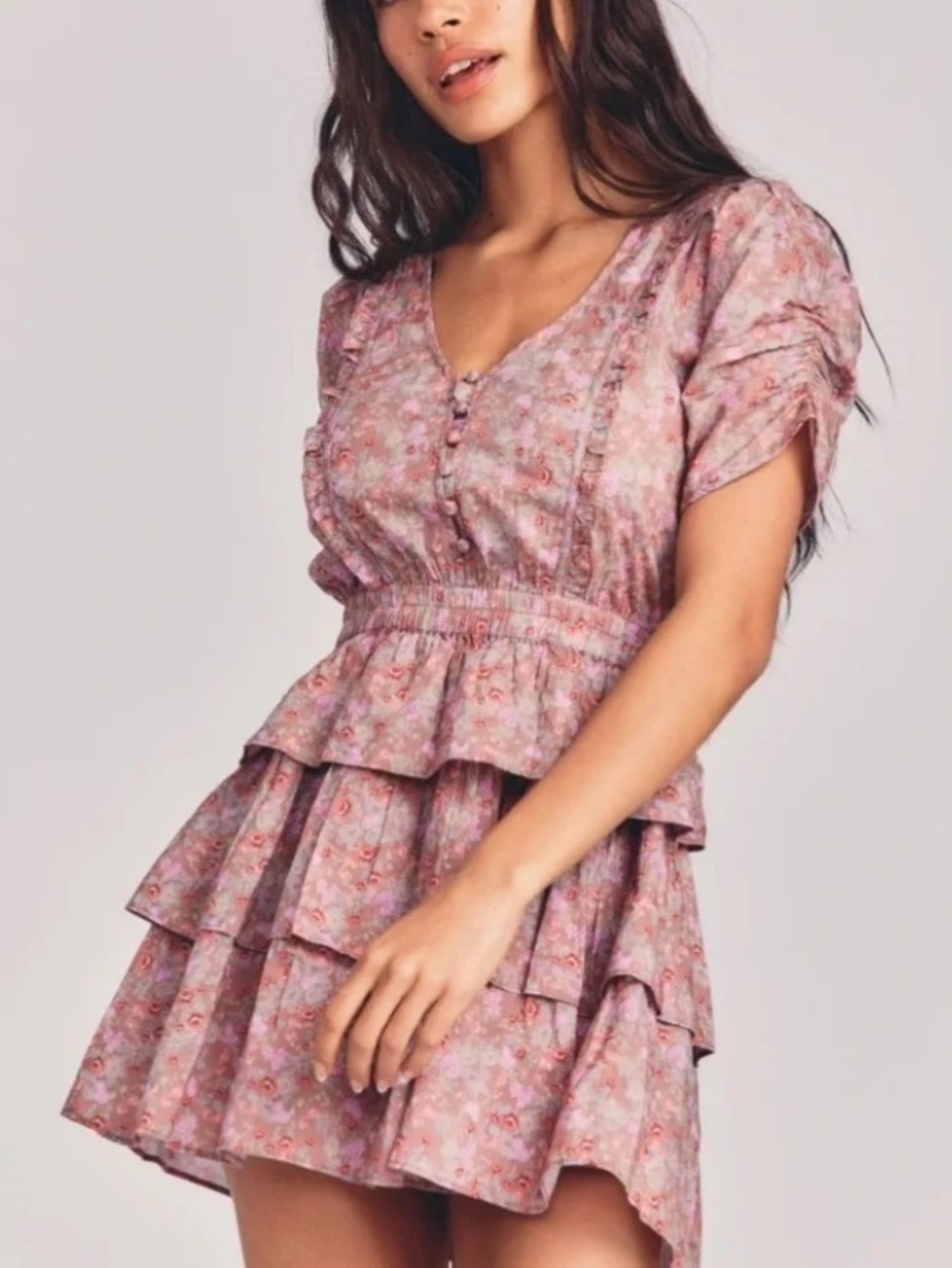 LOVESHACKFANCY Roth Dress Warm Taupe Sienna Floral Mini XXS (P/00) 100% Cotton